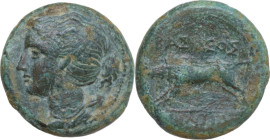 Sicily. Akragas. Phintias, (Tyrant, 287-279 BC). AE 20 mm. c. 282-279 BC. Obv. Head of Artemis Soteira left, quiver over shoulder. Rev. BAΣIΛEOΣ/ΦINTI...