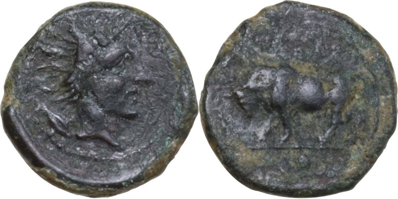 Sicily. Gela. AE Onkia, 420-405 BC. Obv. Bull standing right. Rev. Head of river...
