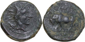 Sicily. Gela. AE Onkia, 420-405 BC. Obv. Bull standing right. Rev. Head of river god right; behind, grain of barley. CNS III 29. AE. 1.10 g. 11.00 mm....