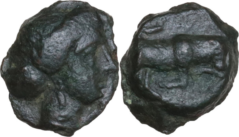 Sicily. Kimissa. AE 11.5 mm, c. 317-305 BC. Obv. Female head right. Rev. Bull bu...