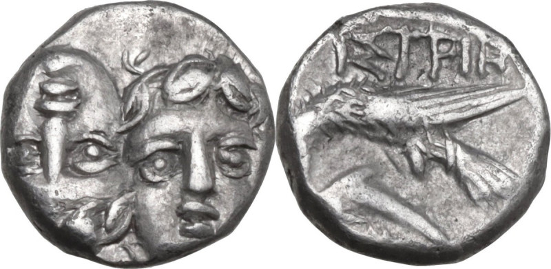 Continental Greece. Moesia, Istros. AR Trihemiobol, 4th century BC. Obv. Two hea...