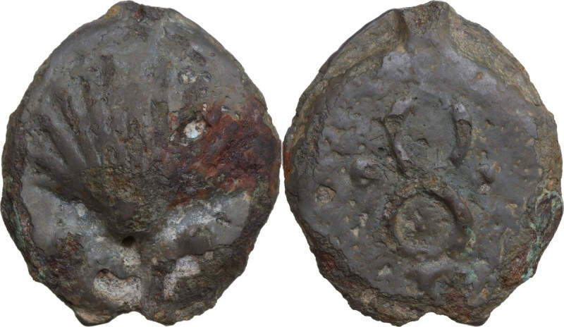 Dioscuri/Mercury series. AE Cast Sextans, c. 280-276 BC. Obv. Scallop shell; bel...