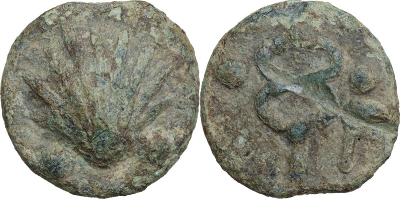 Dioscuri/Mercury with sickle symbol series. AE Cast Sextans, c. 240 BC. Obv. Sca...