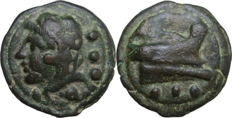 Janus/prow to right libral series. AE Cast Quadrans, c. 225-217 BC. Obv. Head of...