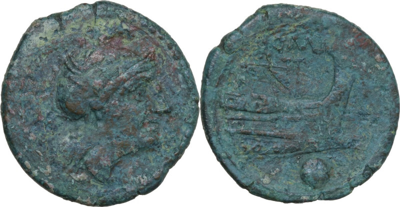 Second Heavy L Series. AE Uncia. Luceria mint, 214-213 BC. Obv. Head of Roma rig...