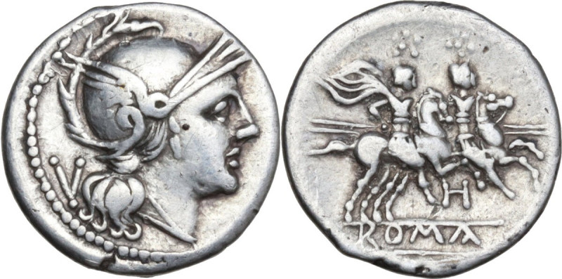 H first series. AR Quinarius, uncertain South-East Italian mint, 213 BC. Obv. He...