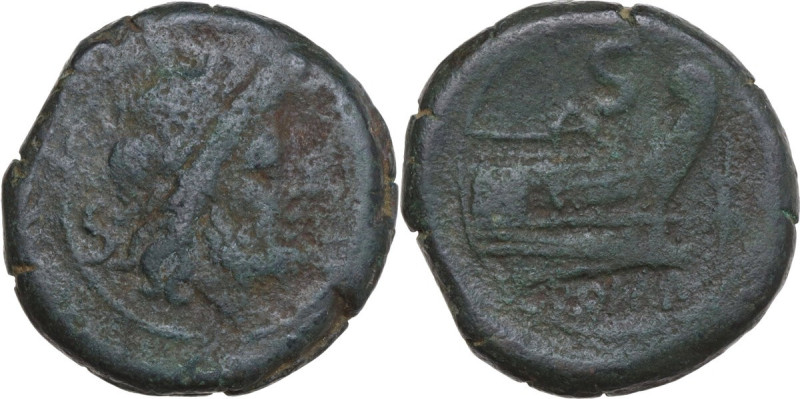 Thunderbolt series. AE Semis, 205 BC. Obv. Laureate head of Saturn right; behind...