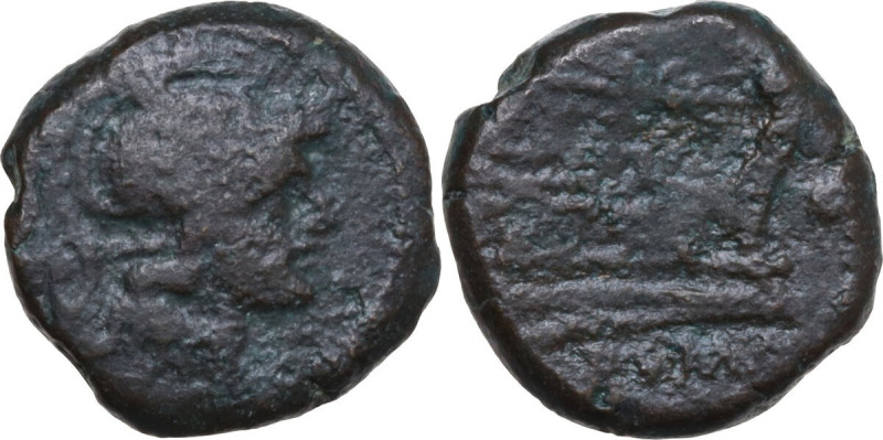 Thunderbolt series. AE Uncia, 205 BC. Obv. Helmeted head of Roma right; behind, ...