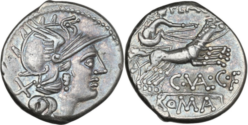 C. Valerius Flaccus. AR Denarius, 140 BC. Obv. Helmeted head of Roma right; behi...