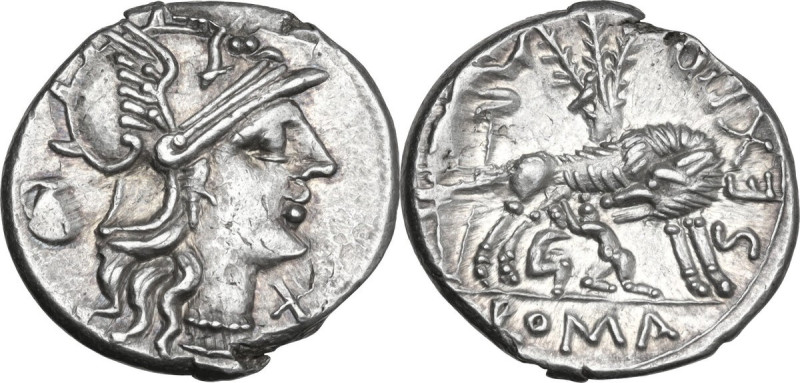 Sex. Pompeius Fostlus. AR Denarius, 137 BC. Obv. Helmeted head of Roma right; be...