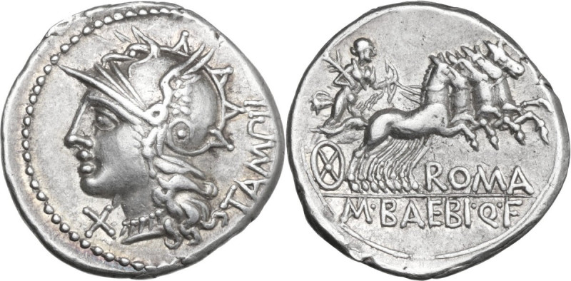 M. Baebius Q. f. Tampilus. AR Denarius, 137 BC. Obv. Helmeted head of Roma left ...