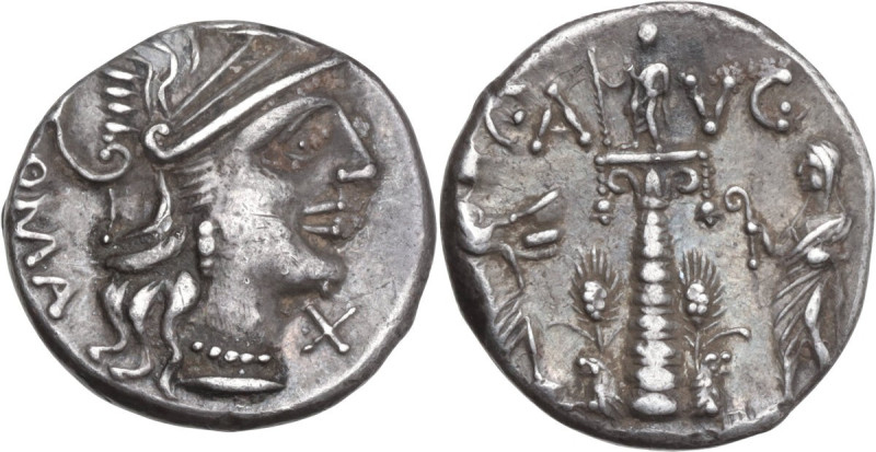 C. Minucius Augurinus. AR Denarius, 135 BC. Obv. Helmeted head of Roma right; be...