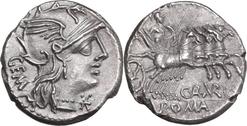 C. Aburius Geminus. AR Denarius, 134 BC. Obv. Helmeted head of Roma right; behin...