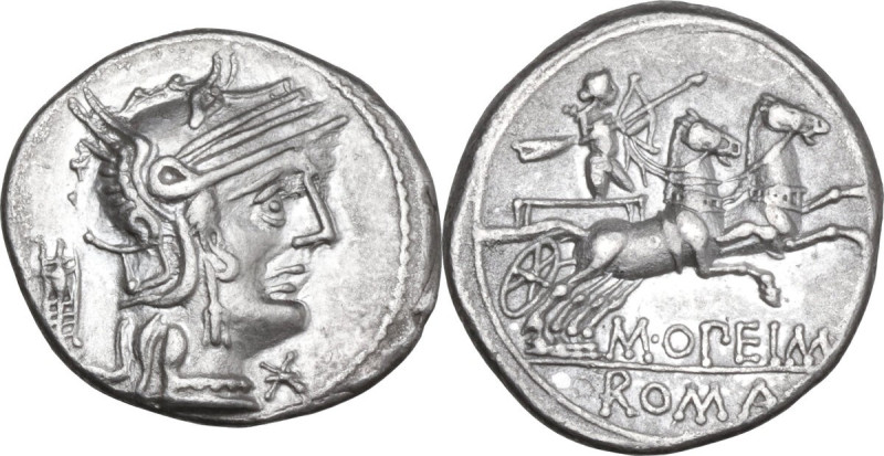 M. Opimius. AR Denarius, 131 BC. Obv. Helmeted head of Roma right; behind, tripo...