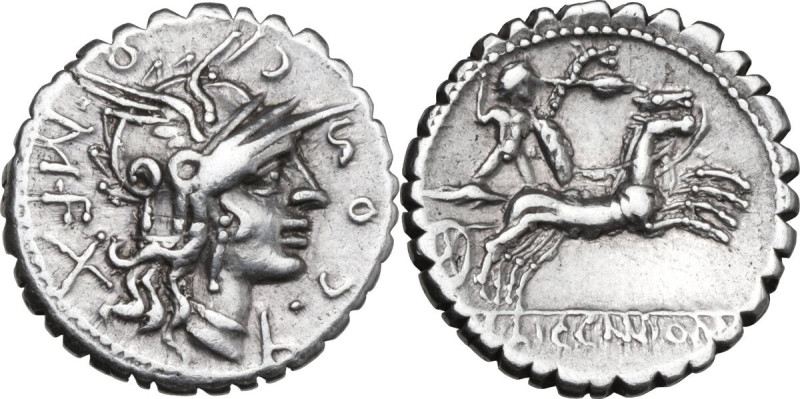 L. Cosconius M.f. AR Denarius serratus, 118 BC. Narbo mint. Obv. L. COS(set hori...