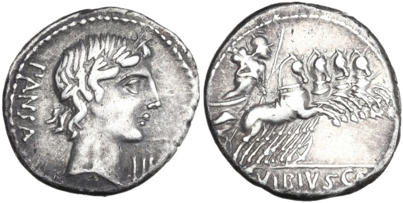 C. Vibius Pansa. AR Denarius, 90 BC. Obv. Laureate head of Apollo right; behind,...