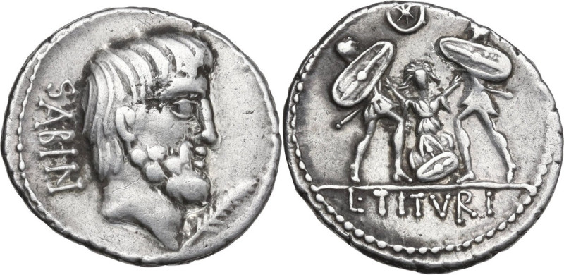 L. Titurius L. f. Sabinus. AR Denarius, 89 BC. Obv. SABIN. Head of King Tatius r...