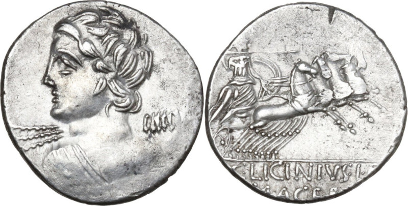 C. Licinius L. f. Macer. AR Denarius, 84 BC. Obv. Diademed and draped bust of Ve...