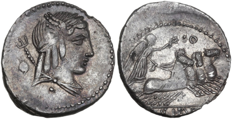 L. Julius Bursio. AR Denarius, 85 BC. Obv. Male head right, with the attributes ...