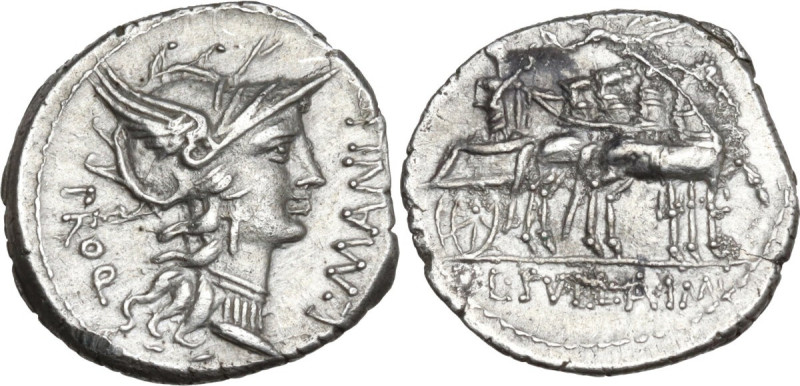 L. Manlius Torquatus. AR Denarius, mint moving with Sulla, 82 BC. Obv. Helmeted ...