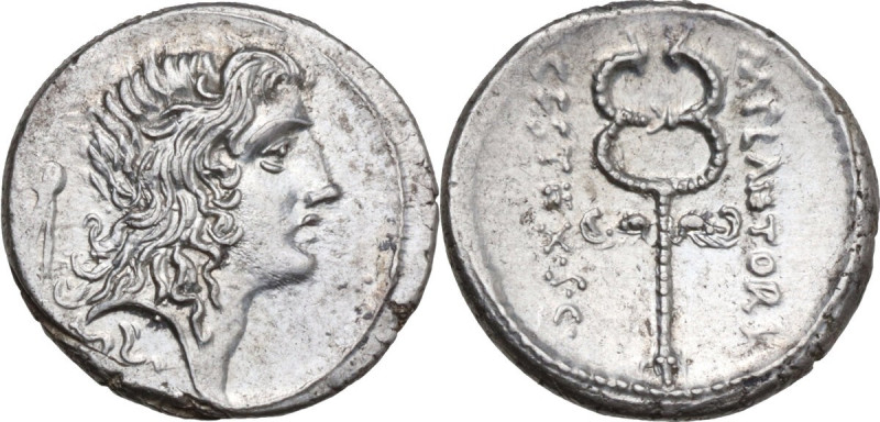 M. Plaetorius M. f. Cestianus. AR Denarius, 69 BC. Obv. Male head right, with fl...