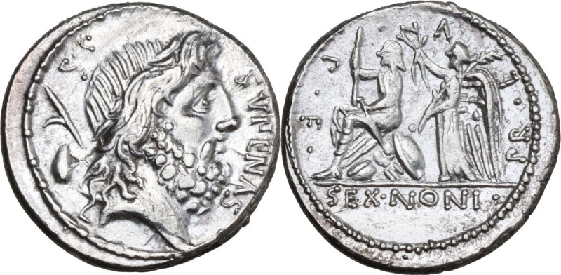 M. Nonius Sufenas. AR Denarius, 59 BC. Obv. Head of Saturn right; before, SVFENA...