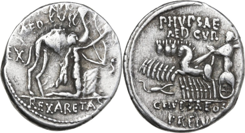 M. Aemilius Scaurus with Pub. Plautius Hypsaeus. AR Denarius, 58 BC. Obv. Camel ...