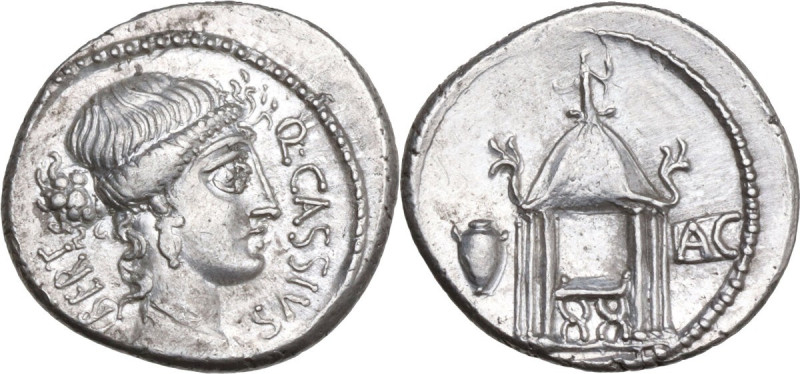 Q. Cassius Longinus. AR Denarius, 55 BC. Obv. Head of Libertas right; behind, LI...