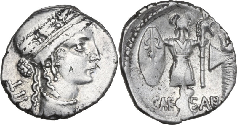 Julius Caesar. AR Denarius, 48-47 BC. Mint moving with Caesar. Obv. Female head ...