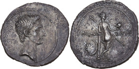 Augustus (27 BC - 14 AD). AR Denarius. Uncertain mint, 32-29 BC. Obv. Bare head right. Rev. CAESAR DIVI F. Venus standing right, leaning against colum...
