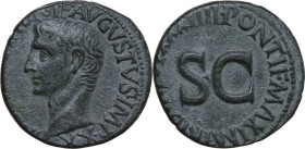 Augustus (27 BC - 14 AD). AE As, 11-12 AD. Obv. IMP CAESAR DIVI F AVGVSTVS IMP XX. Bare head left. Rev. PONTIF MAXIM TRIBVN POT XXXIIII. Legend surrou...