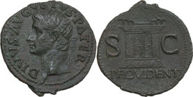 Divus Augustus (died 14 AD). AE As, Rome mint, 22-30. Obv. DIVVS AVGVSTVS PATER. Radiate head left. Rev. PROVIDENT S C. Altar-enclosure with double pa...