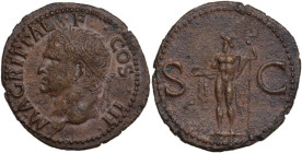 Agrippa (died 12 BC). AE As, Rome mint, struck under Caligula, 37-41 AD. Obv. M AGRIPPA L F COS III. Head left, wearing rostral crown. Rev. S C. Neptu...