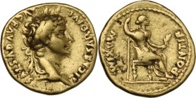 Tiberius (14-37). AV Aureus 'Tribute Penny' type. Lugdunum mint, 36-37 AD. Obv. TI CAESAR DIVI AVG F AVGVSTVS. Laureate head right. Rev. PONTIF MΛXIM....