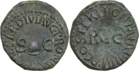 Gaius (Caligula) (37-41). AE Quadrans, 40-41. Obv. [C CA]ESAR DIVI AVG PRON [G]. Pileus flanked by S C. Rev. PON M TR P IIII P P COS TERT. Legend surr...