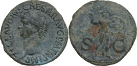 Claudius (41-54). AE As, c. 42-43 AD. Obv. TI CLAVDIVS CAESAR AVG P M TR P IMP. Bare head left. Rev. S C across field, Minerva advancing right, brandi...