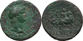 Nero (54-68). AE Sestertius. Obv. NERO CLAVDIVS CAESAR AVG GERM PM TR P IMP PP. Laureate head right. Rev. DECVRSIO SC. Nero on horse prancing right, s...