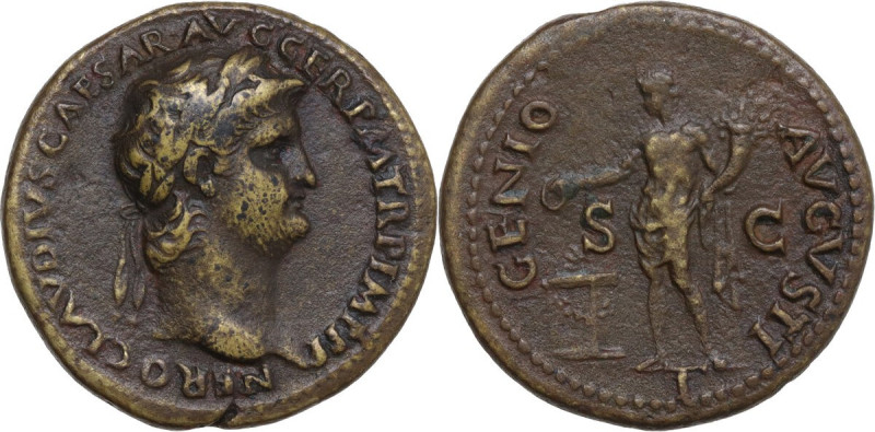 Nero (54-68). AE As, Rome mint, 62-68. Obv. NERO CLAVDIVS CAESAR AVG GER P M TR ...