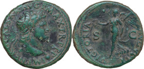 Nero (54-68). AE As, Lugdunum mint, 62-68. Obv. IMP NERO CAESAR AVG P MAX TR P P P. Laureate bust right, with globe at point of neck. Rev. VICTORIA AV...