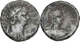 Nero (54-68) with Poppaea. BI Tetradrachm. Alexandria mint (Egypt). Dated RY 10 (AD 63/4). Obv. ΝΕΡΩ ΚΛΑΥ ΚΑΙ ΣΕΒ [ΓΕΡ AY]. Radiate head of Nero right...