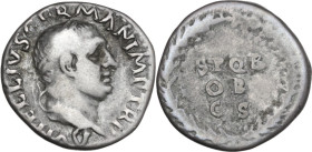 Vitellius (69 AD). AR Denarius, Rome mint. Obv. A VITELLIVS GERMAN IMP TR P. Laureate head right. Rev. SPQR /OB/CS in three lines in oak-wreath. RIC I...