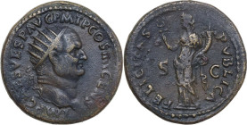 Vespasian (69-79). AE Dupondius, Rome mint, 73 AD. Obv. IMP CAES VESP AVG P M T P COS IIII CENS. Radiate head right. Rev. FELICITAS PVBLICA S C. Felic...