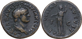 Domitian as Caesar (69-79). AE As, Rome mint, 73-74. Obv. CAESAR AVG F DOMITIAN COS II. Laureate head left. Rev. AEQVITAS AVGVST, SC. Aequitas standin...