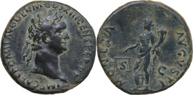 Domitian (81-96). AE As, 87 AD. Obv. IMP CAES DOMIT AVG GERM COS XIII CENS PER P P. Laureate head of Domitian right. Rev. MONETA AVGVSTI / S - C. Mone...