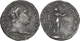Trajan (98-117). AR Denarius, 101-102 AD. Obv. IMP CAES NERVA TRAIAN AVG GERM. Laureate head right. Rev. PM TR P COS IIII PP. Victory standing right o...