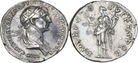 Trajan (98-117). AR Denarius, c. 114-117 AD. Obv. IMP CAES NER TRAIAN OPTIM [AVG GER] DAC PARTHICO. Laureate and draped bust right. Rev. PM TR P COS V...