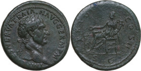 Trajan (98-117). AE Sestertius, 98-99 AD. Obv. IMP CAES NERVA TRAIAN AVG GERM P M. Laureate bust right. Rev. TR POT COS II, SC (in exergue). Concordia...