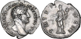 Hadrian (117-138). AR Denarius, Rome mint, 120-121. Obv. IMP CAESAR TRAIAN HADRIANVS AVG. Laureate head right. Rev. P M TR P COS III. Aequitas-Moneta ...