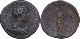 Hadrian (117-138). AE Sestertius, 121 AD. Obv. IMP CAESAR TRAIAN HADRIANVS AVG. Laureate, draped and cuirassed bust right. Rev. PM TR P COS III SC. Ce...
