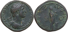 Hadrian (117-138). AE Dupondius. Obv. IMP CAESAR TRAIAN HADRIANVS AVG PM TR P COS III. Radiate and draped bust right. Rev. PIETAS AVGVSTI SC. Pietas s...